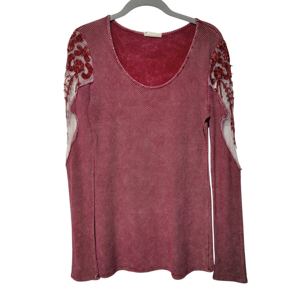 BKE Gimmick Y2K Red Sheer Mesh Lace Sleeve Long Sleeve Shirt Scoop Neck